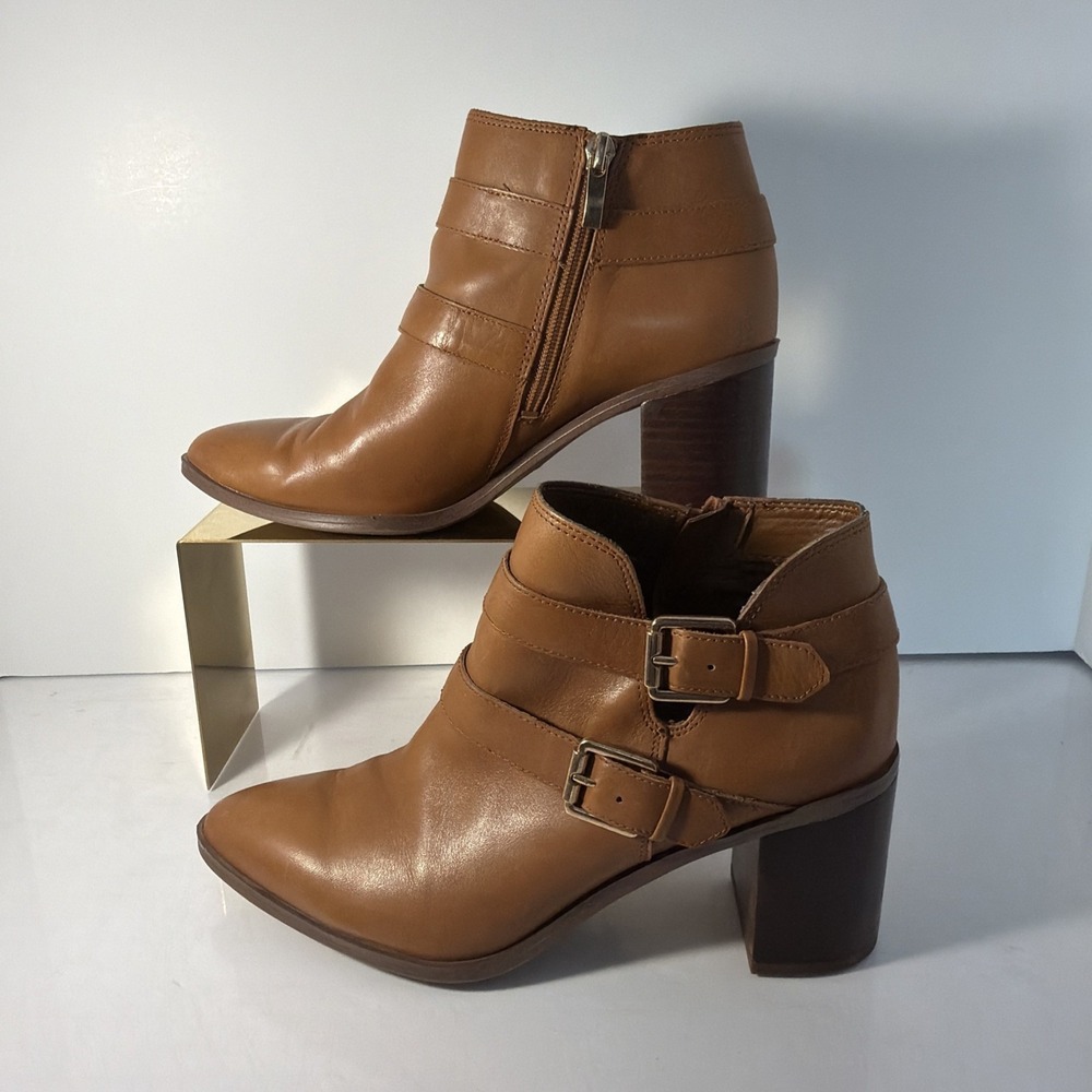 Franco Sarto Leather High Heel Buckle Strap Ankle Blzip Up Boots In Tan Size 8.5